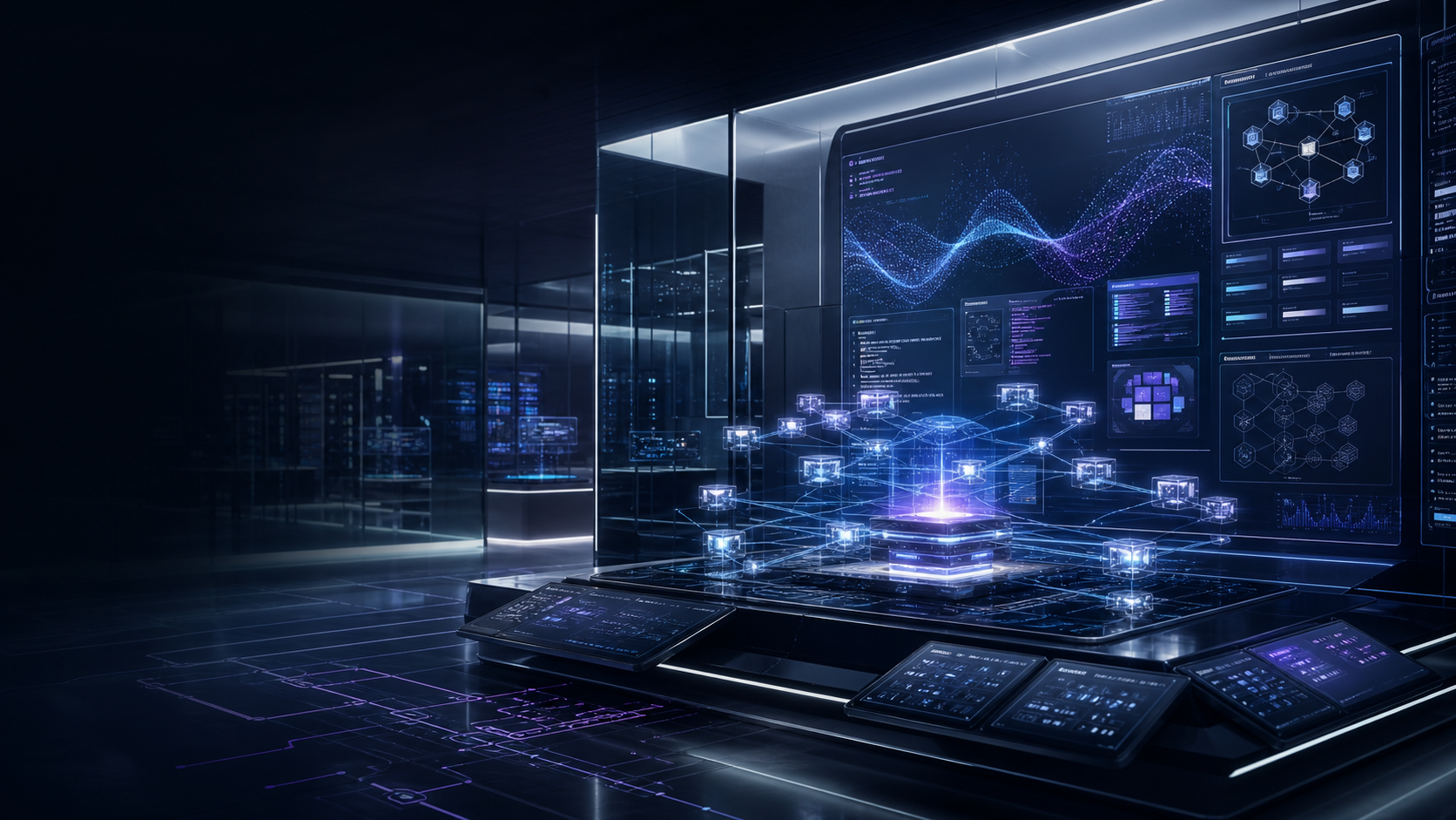 Abstract futuristic software platform command center with AI signal paths and distributed service nodes