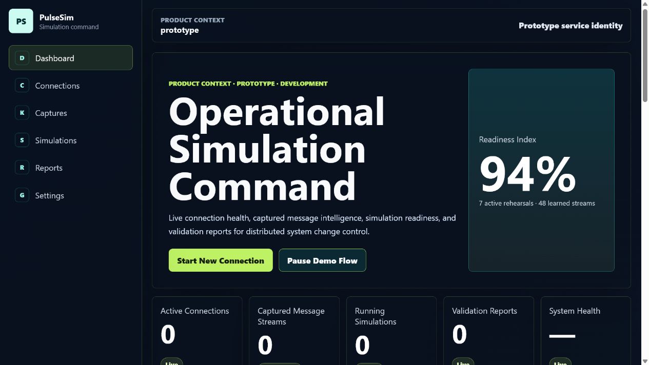 PulseSim operational simulation dashboard showing readiness, connections, captured streams and simulation status